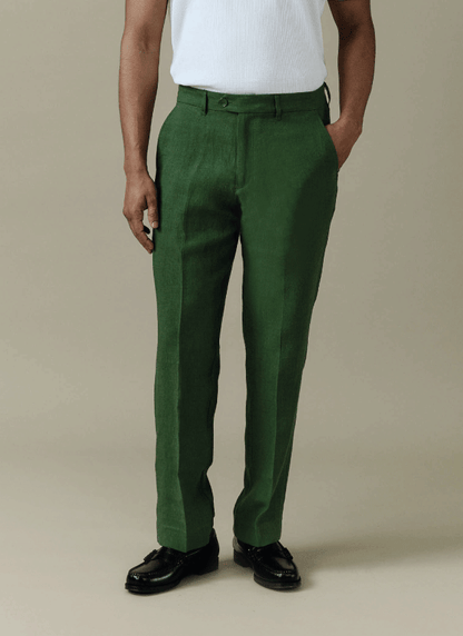 Men's Tailored Linen Trousers - Straight Leg - Forest Green | Percival Smart Buy