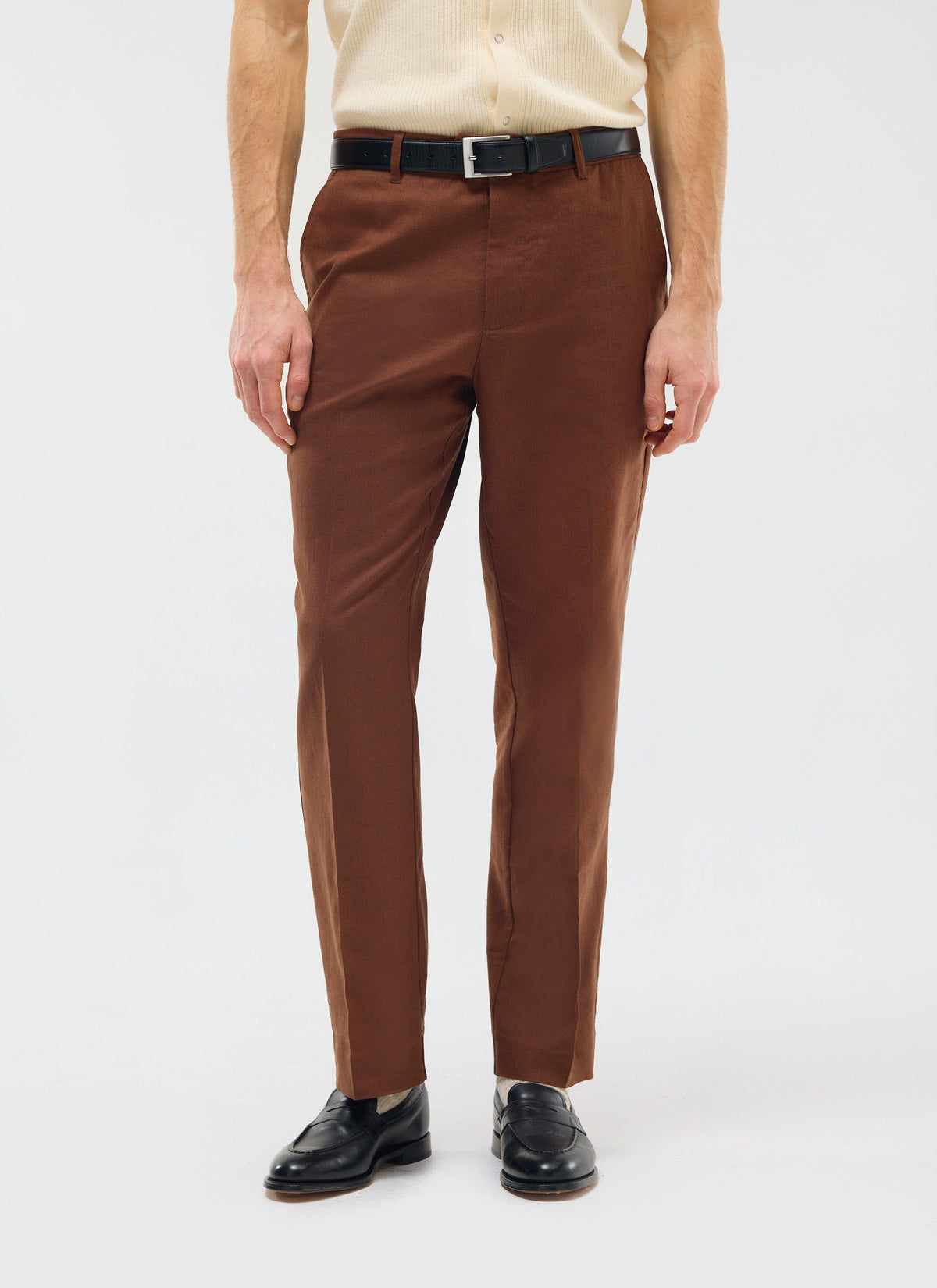 Men's Tailored Linen Trousers - Straight Leg - Brown | Percival Exclusive
