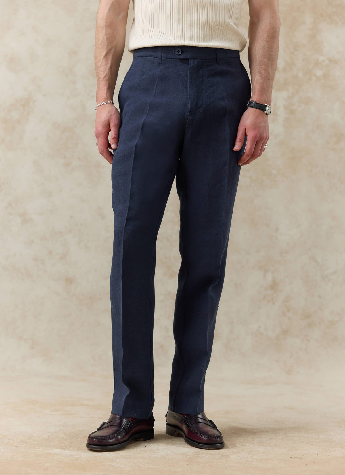 Men's Tailored Linen Trousers - Straight Leg - Navy Blue | Percival Discount