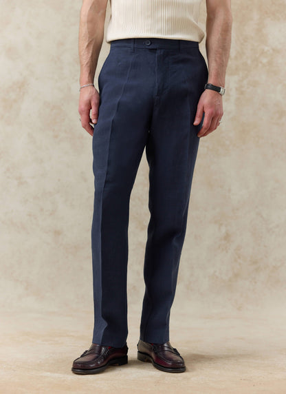 Men's Tailored Linen Trousers - Straight Leg - Navy Blue | Percival Discount
