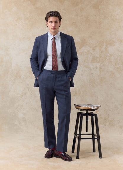 Men's Tailored Linen Trousers - Straight Leg - Navy Blue | Percival Discount