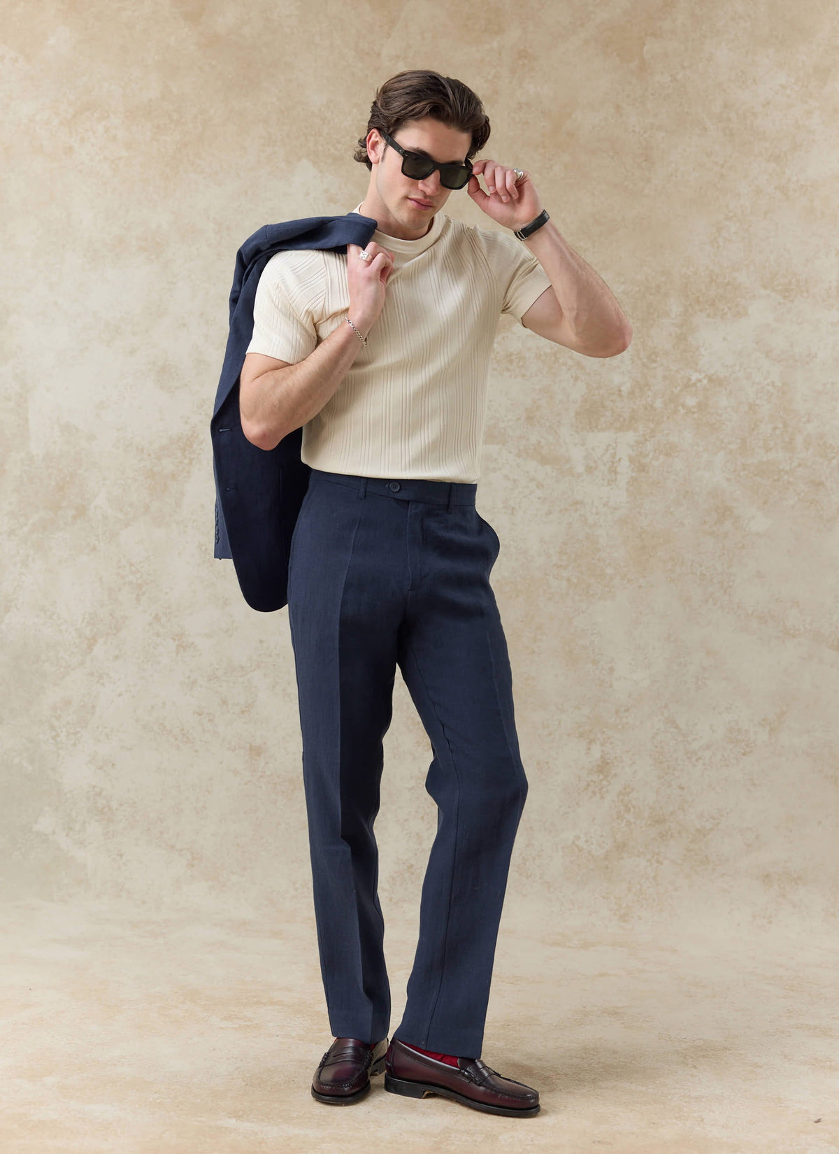 Men's Tailored Linen Trousers - Straight Leg - Navy Blue | Percival Discount