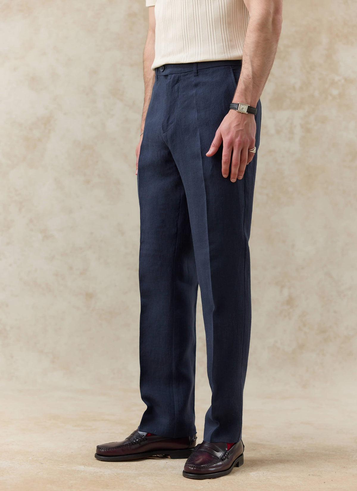 Men's Tailored Linen Trousers - Straight Leg - Navy Blue | Percival Discount