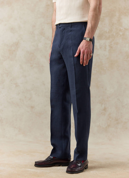 Men's Tailored Linen Trousers - Straight Leg - Navy Blue | Percival Discount