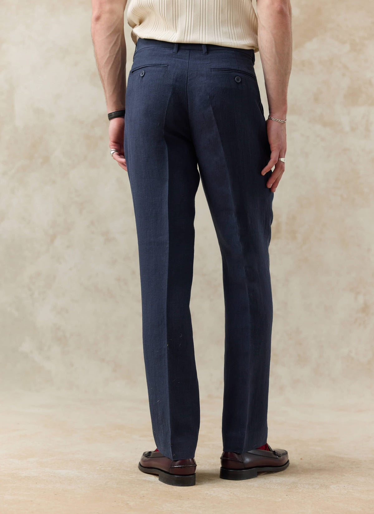 Men's Tailored Linen Trousers - Straight Leg - Navy Blue | Percival Discount