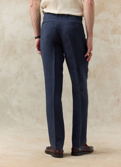 Men's Tailored Linen Trousers - Straight Leg - Navy Blue | Percival Discount