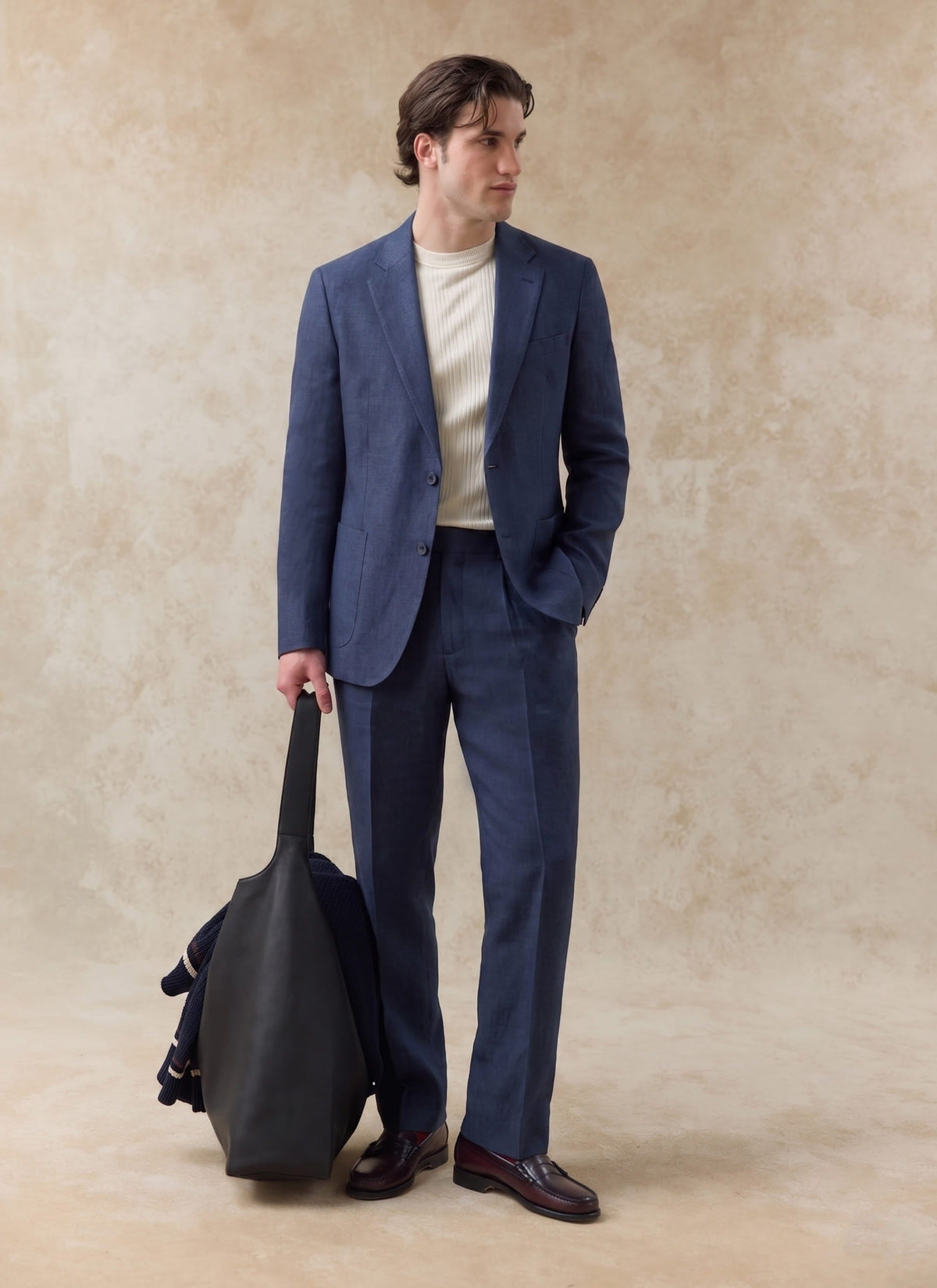 Men's Tailored Linen Trousers - Straight Leg - Navy Blue | Percival Discount