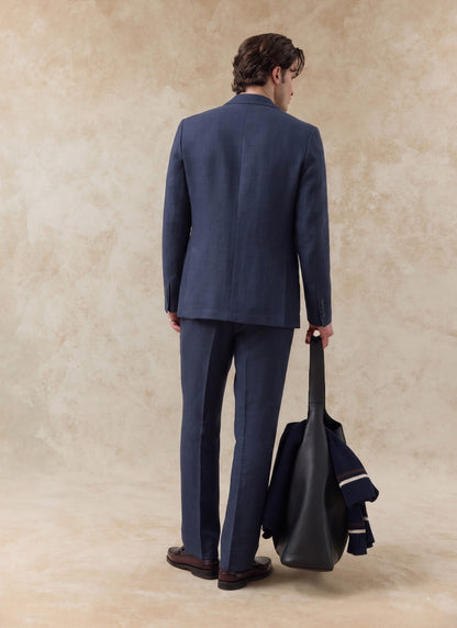 Men's Tailored Linen Trousers - Straight Leg - Navy Blue | Percival Discount