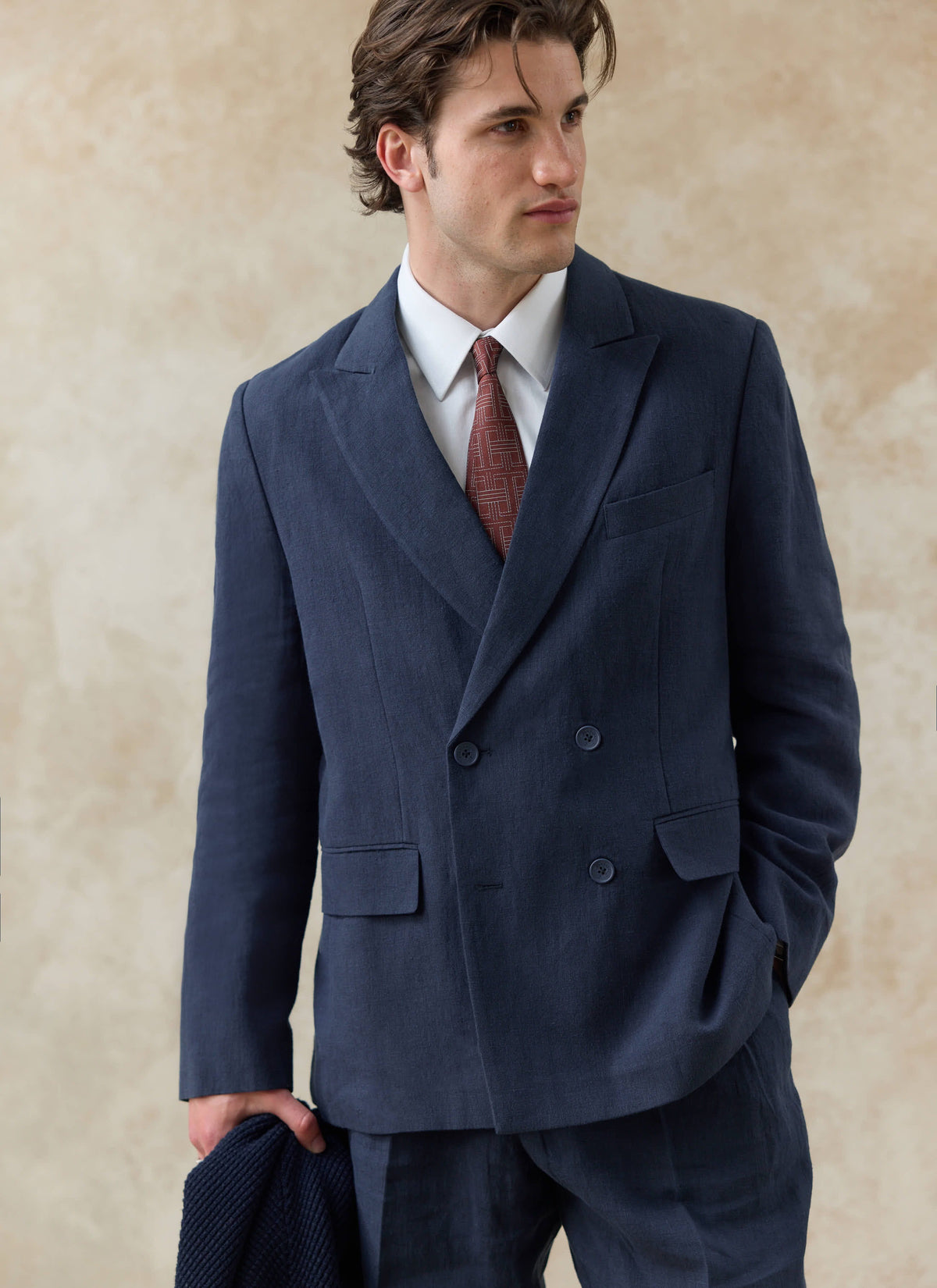 Men's Linen Double Breasted Blazer - Navy Blue | Percival Deals
