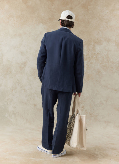 Men's Linen Double Breasted Blazer - Navy Blue | Percival Deals
