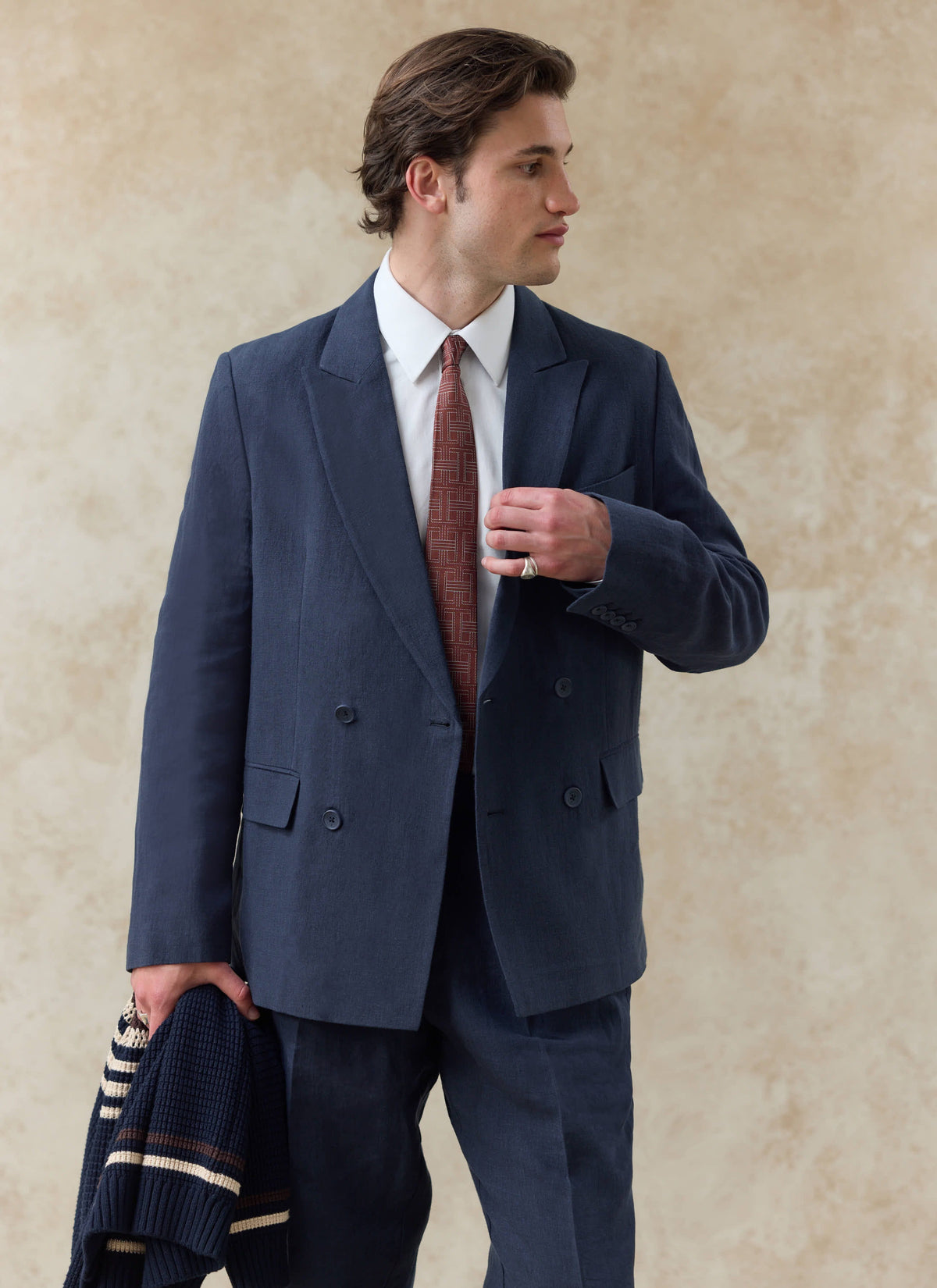 Men's Linen Double Breasted Blazer - Navy Blue | Percival Deals