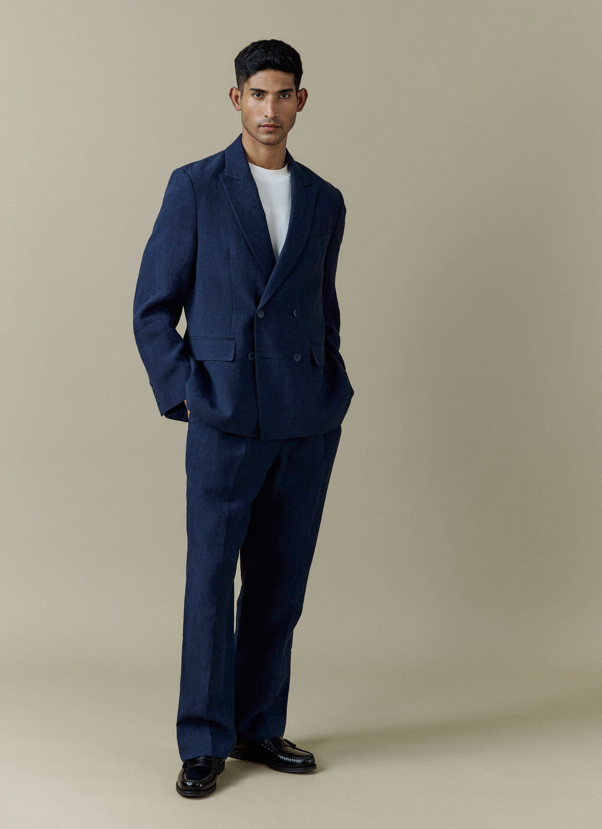Men's Linen Double Breasted Blazer - Navy Blue | Percival Deals