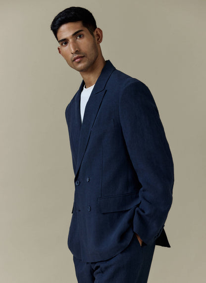 Men's Linen Double Breasted Blazer - Navy Blue | Percival Deals