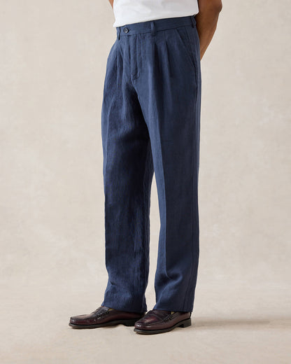 Men's Pleated Suit Trousers - Linen - Navy Blue | Percival New