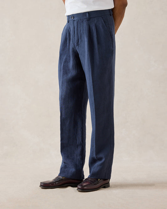Men's Pleated Suit Trousers - Linen - Navy Blue | Percival New