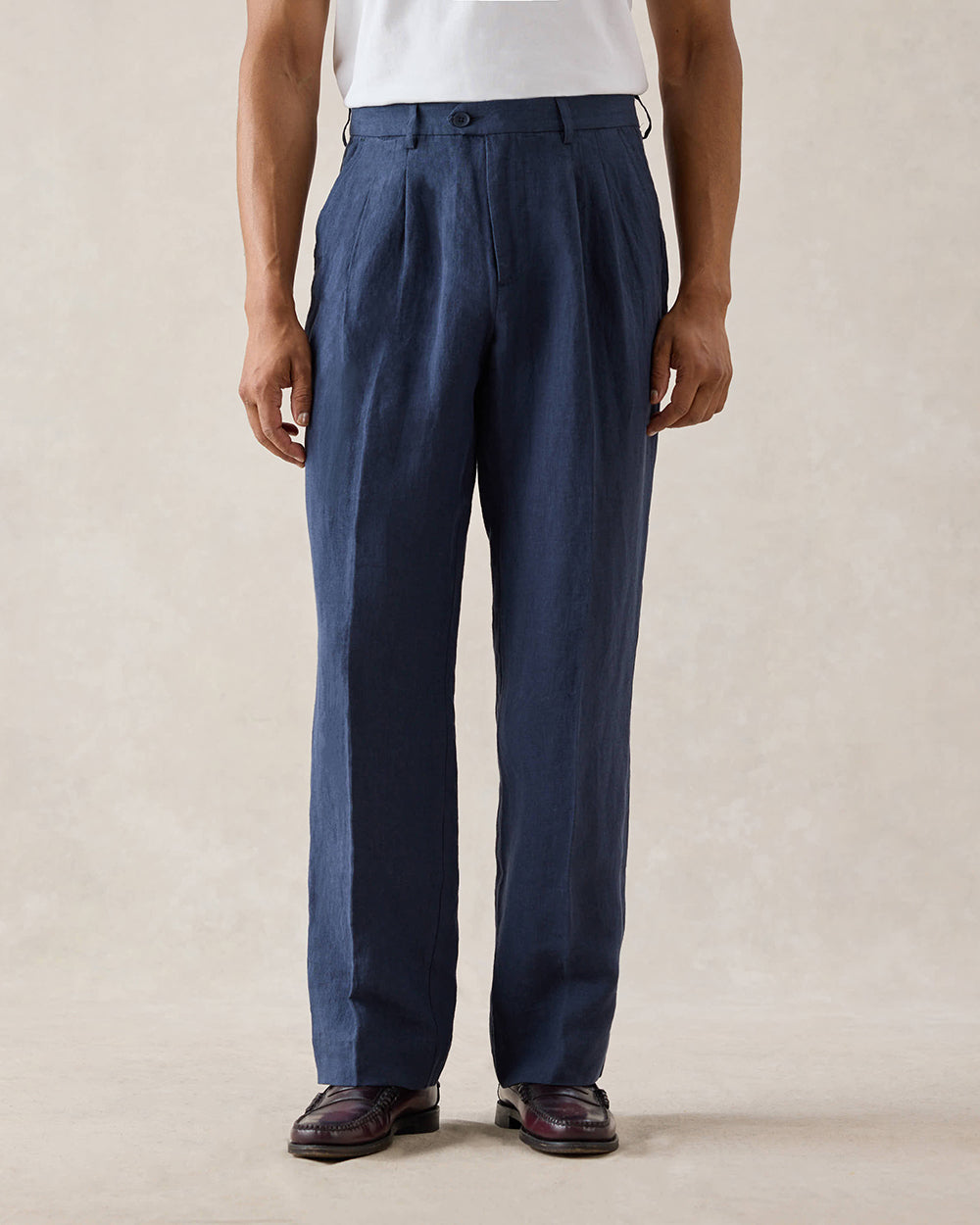 Men's Pleated Suit Trousers - Linen - Navy Blue | Percival New