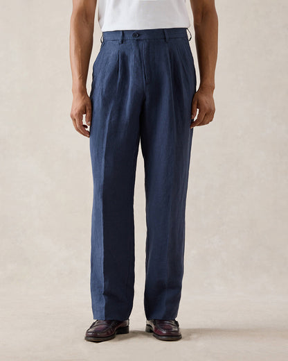 Men's Pleated Suit Trousers - Linen - Navy Blue | Percival New