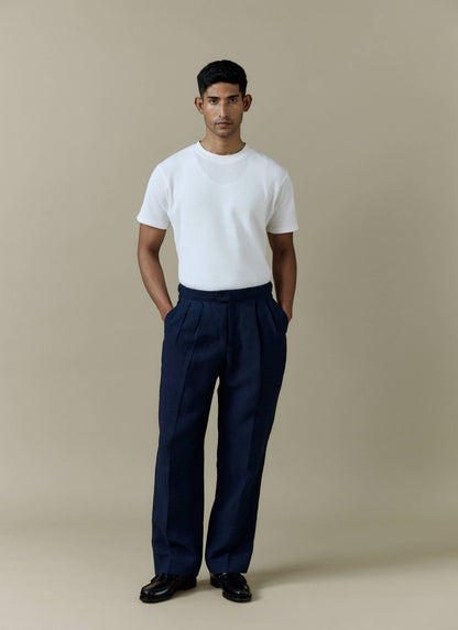 Men's Pleated Suit Trousers - Linen - Navy Blue | Percival New