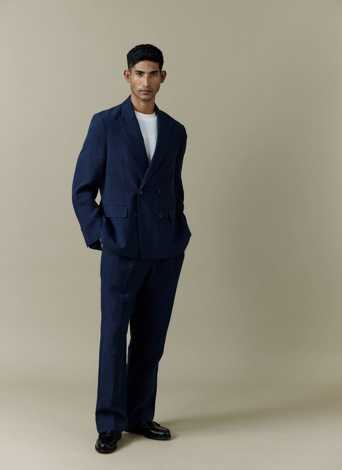 Men's Pleated Suit Trousers - Linen - Navy Blue | Percival New