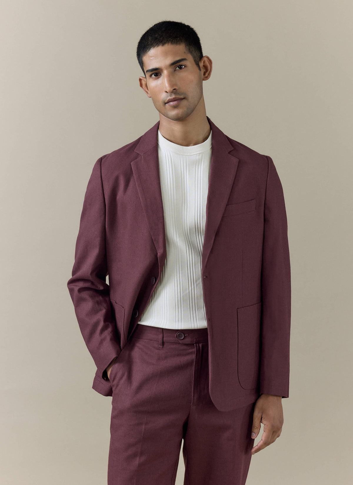 Men's Burgundy Tailored Blazer - Linen Blend | Percival Quality