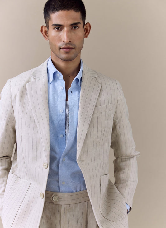 Men's Tailored Pin Stripe Blazer - Cream - Linen Blend | Percival Signature