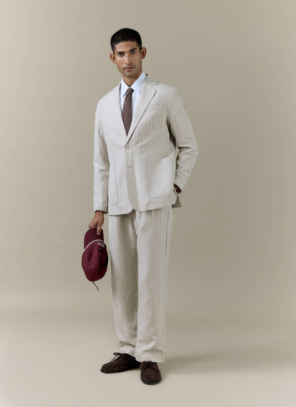 Men's Tailored Pin Stripe Blazer - Cream - Linen Blend | Percival Signature