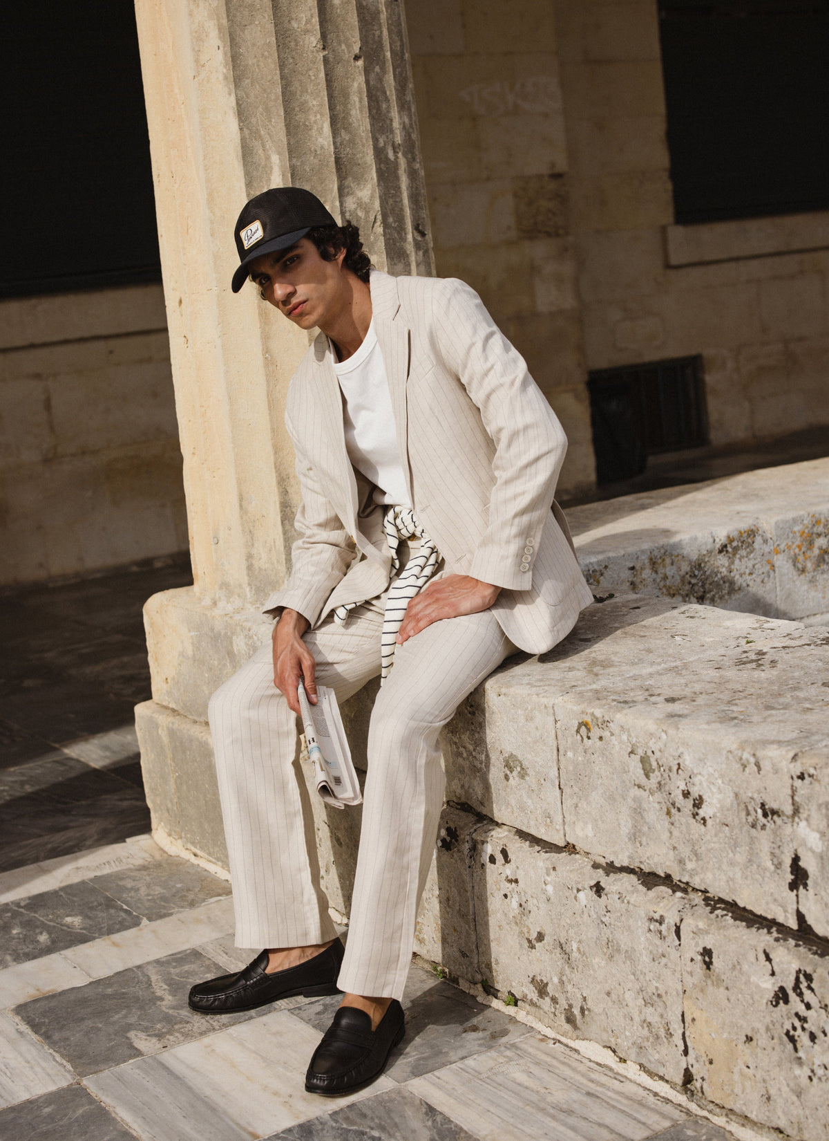 Men's Tailored Pin Stripe Blazer - Cream - Linen Blend | Percival Signature