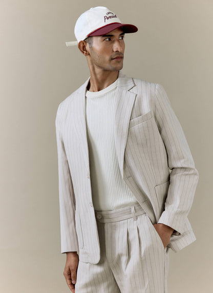 Men's Tailored Pin Stripe Blazer - Cream - Linen Blend | Percival Signature