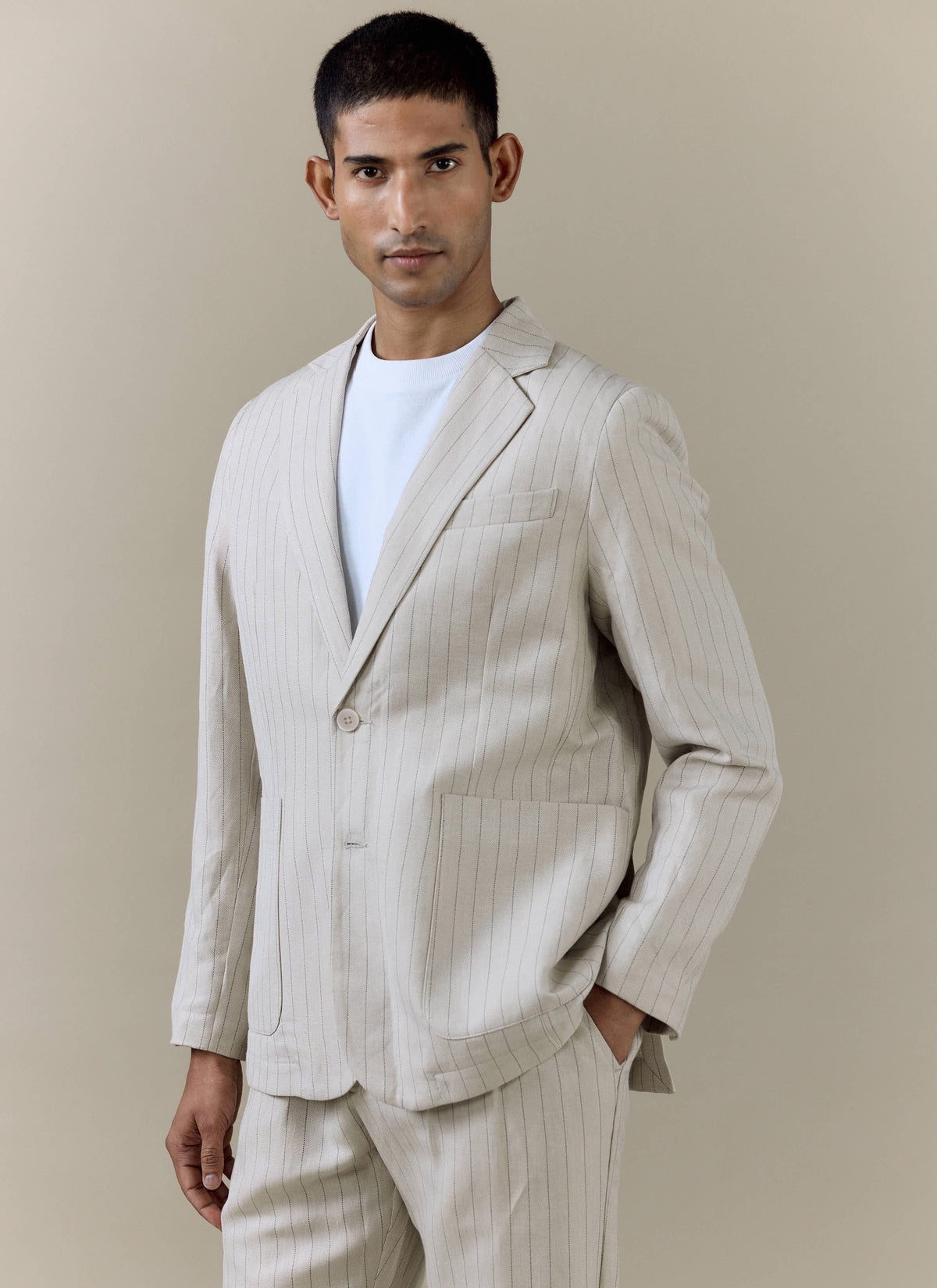 Men's Tailored Pin Stripe Blazer - Cream - Linen Blend | Percival Signature