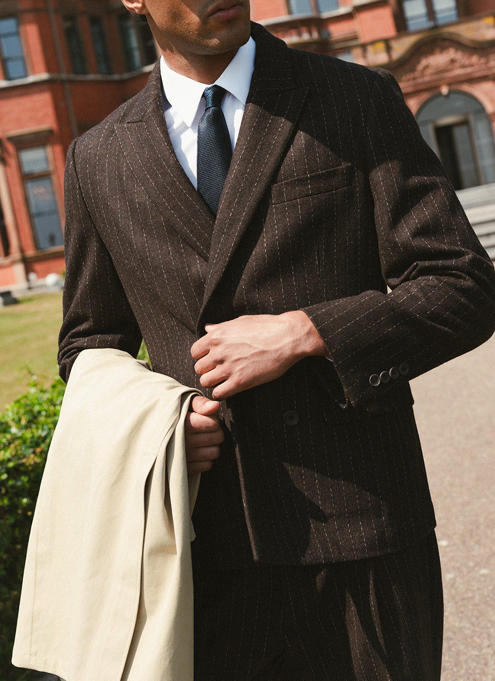 Men's Pinstripe Double Breasted Blazer - Wool - Brown - Percival | Percival Sale