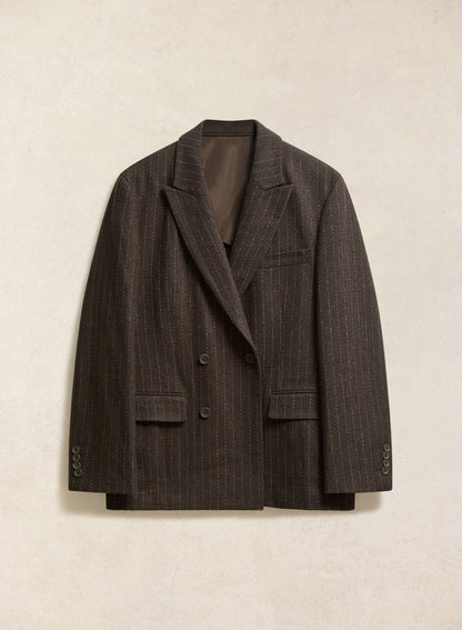 Men's Pinstripe Double Breasted Blazer - Wool - Brown - Percival | Percival Sale