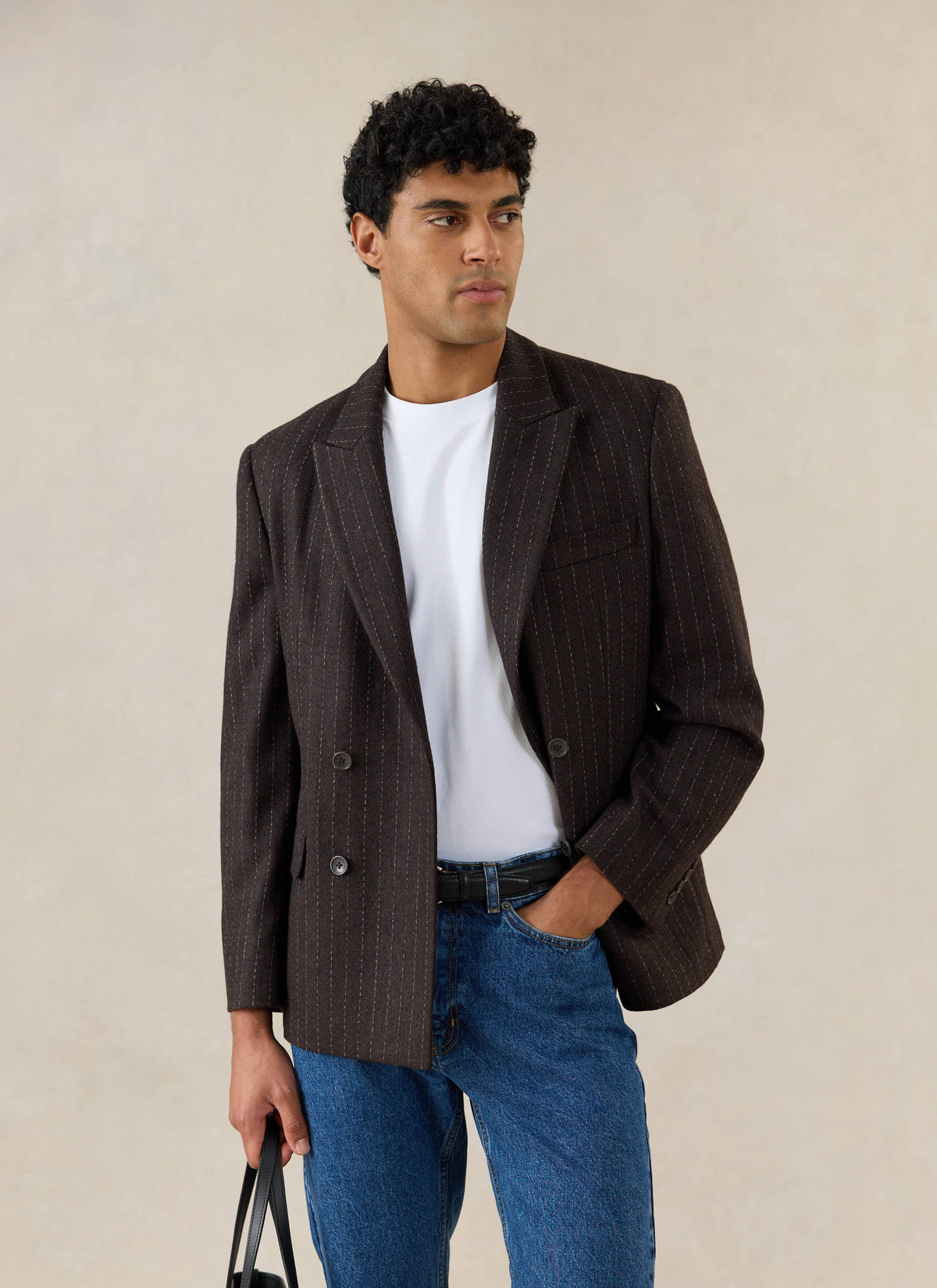 Men's Pinstripe Double Breasted Blazer - Wool - Brown - Percival | Percival Sale