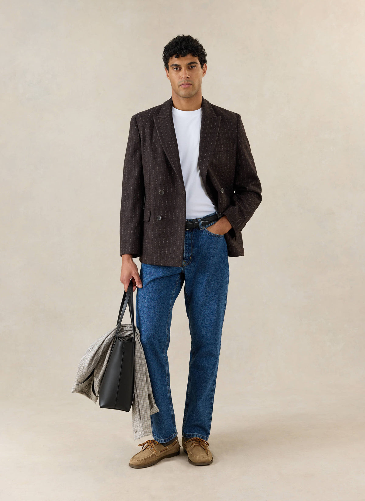 Men's Pinstripe Double Breasted Blazer - Wool - Brown - Percival | Percival Sale