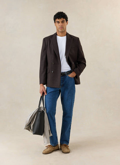 Men's Pinstripe Double Breasted Blazer - Wool - Brown - Percival | Percival Sale