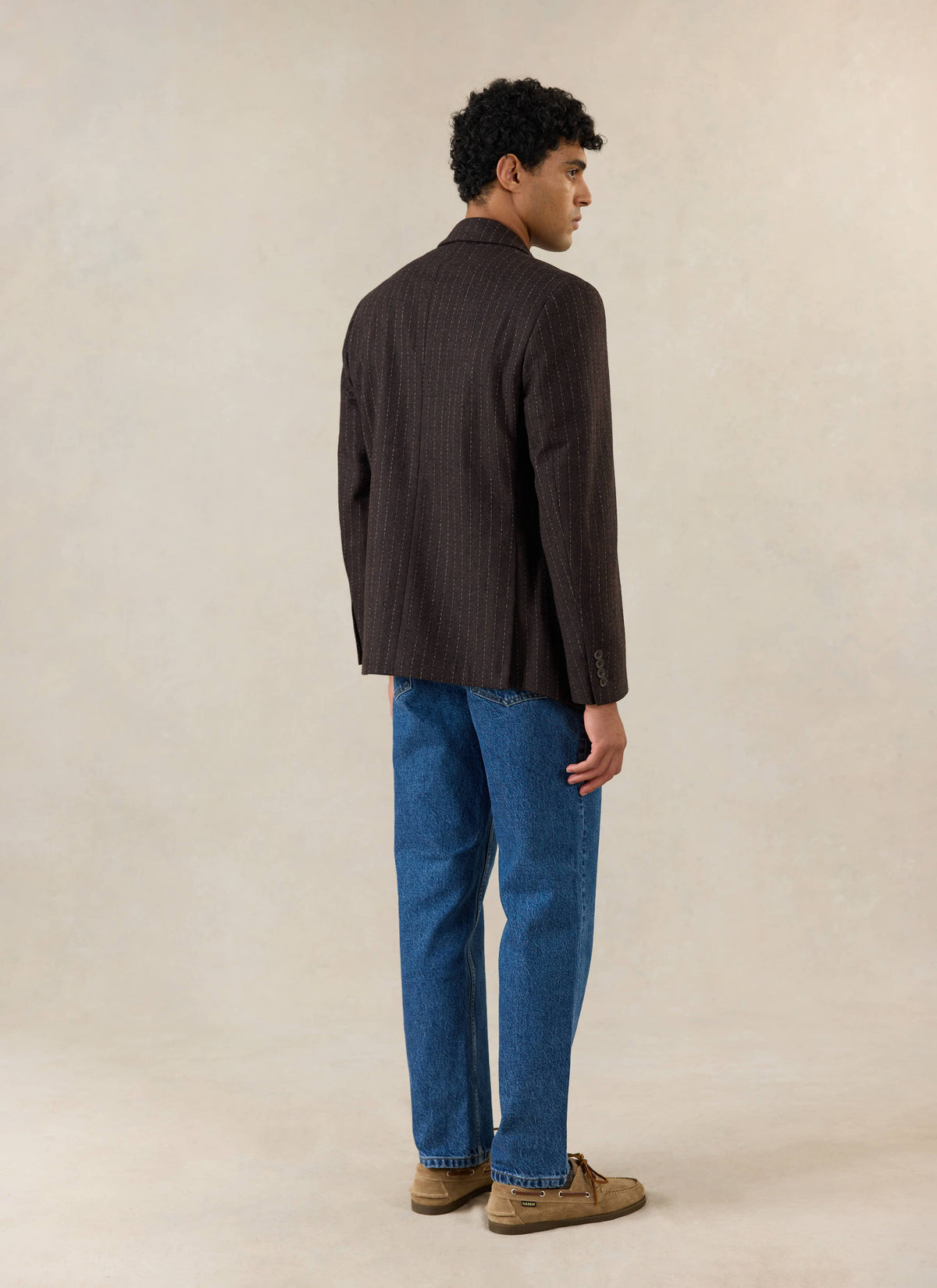 Men's Pinstripe Double Breasted Blazer - Wool - Brown - Percival | Percival Sale