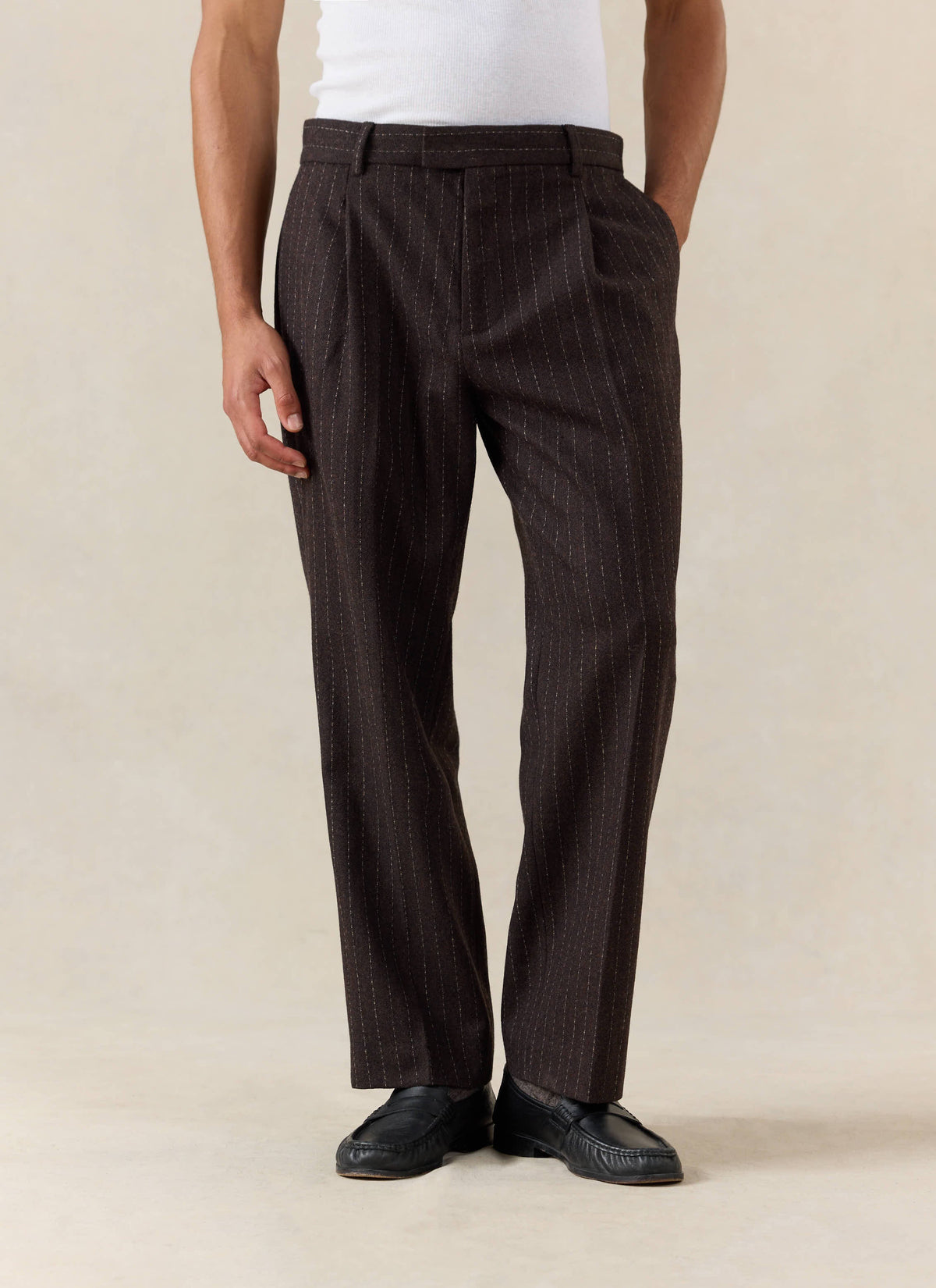 Men's Pinstripe Pleated Tailored Trousers - Wool - Brown - Percival | Percival Latest