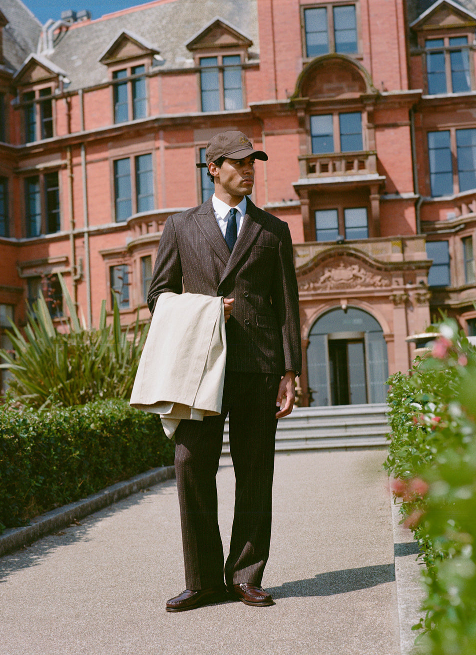 Men's Pinstripe Pleated Tailored Trousers - Wool - Brown - Percival | Percival Latest