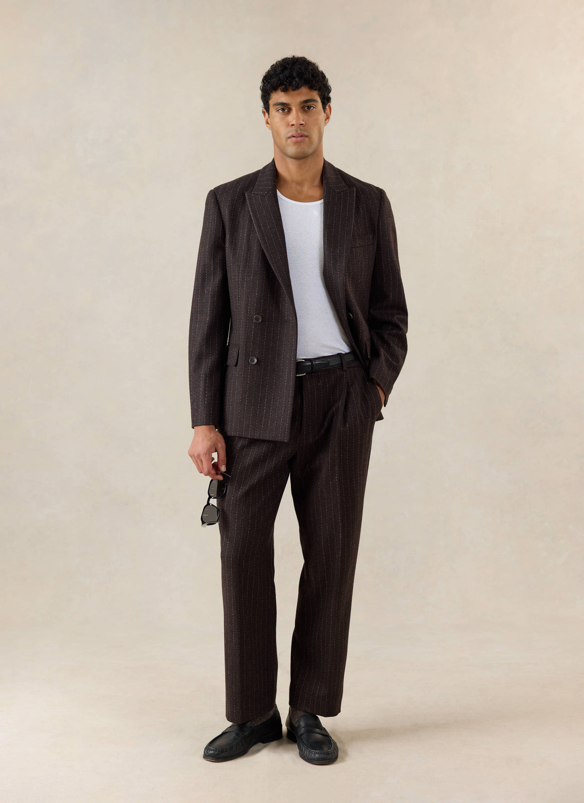 Men's Pinstripe Pleated Tailored Trousers - Wool - Brown - Percival | Percival Latest