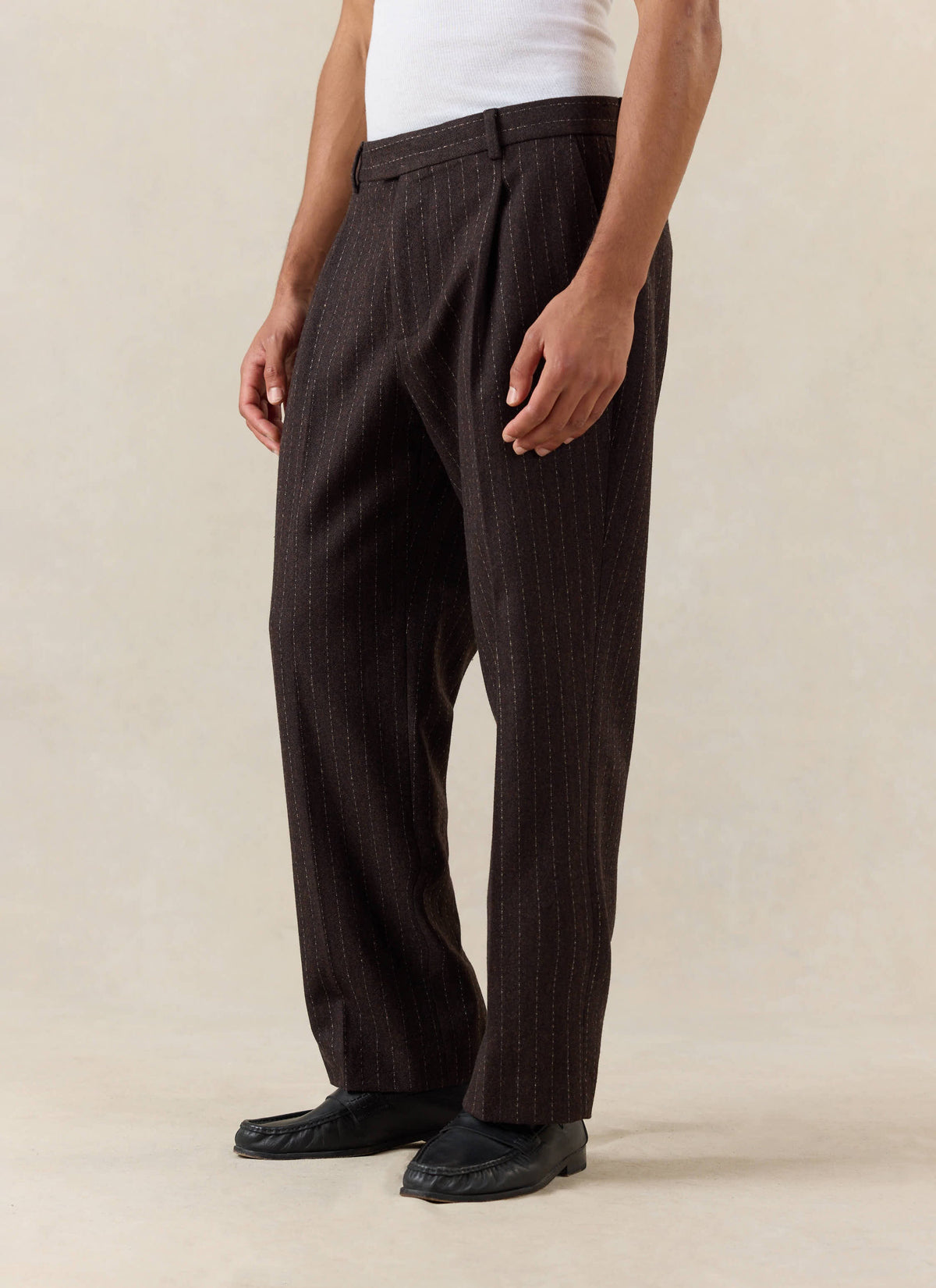 Men's Pinstripe Pleated Tailored Trousers - Wool - Brown - Percival | Percival Latest