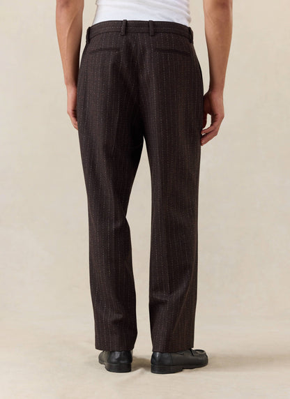 Men's Pinstripe Pleated Tailored Trousers - Wool - Brown - Percival | Percival Latest