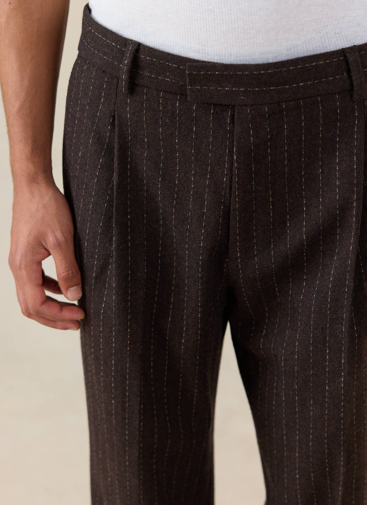 Men's Pinstripe Pleated Tailored Trousers - Wool - Brown - Percival | Percival Latest