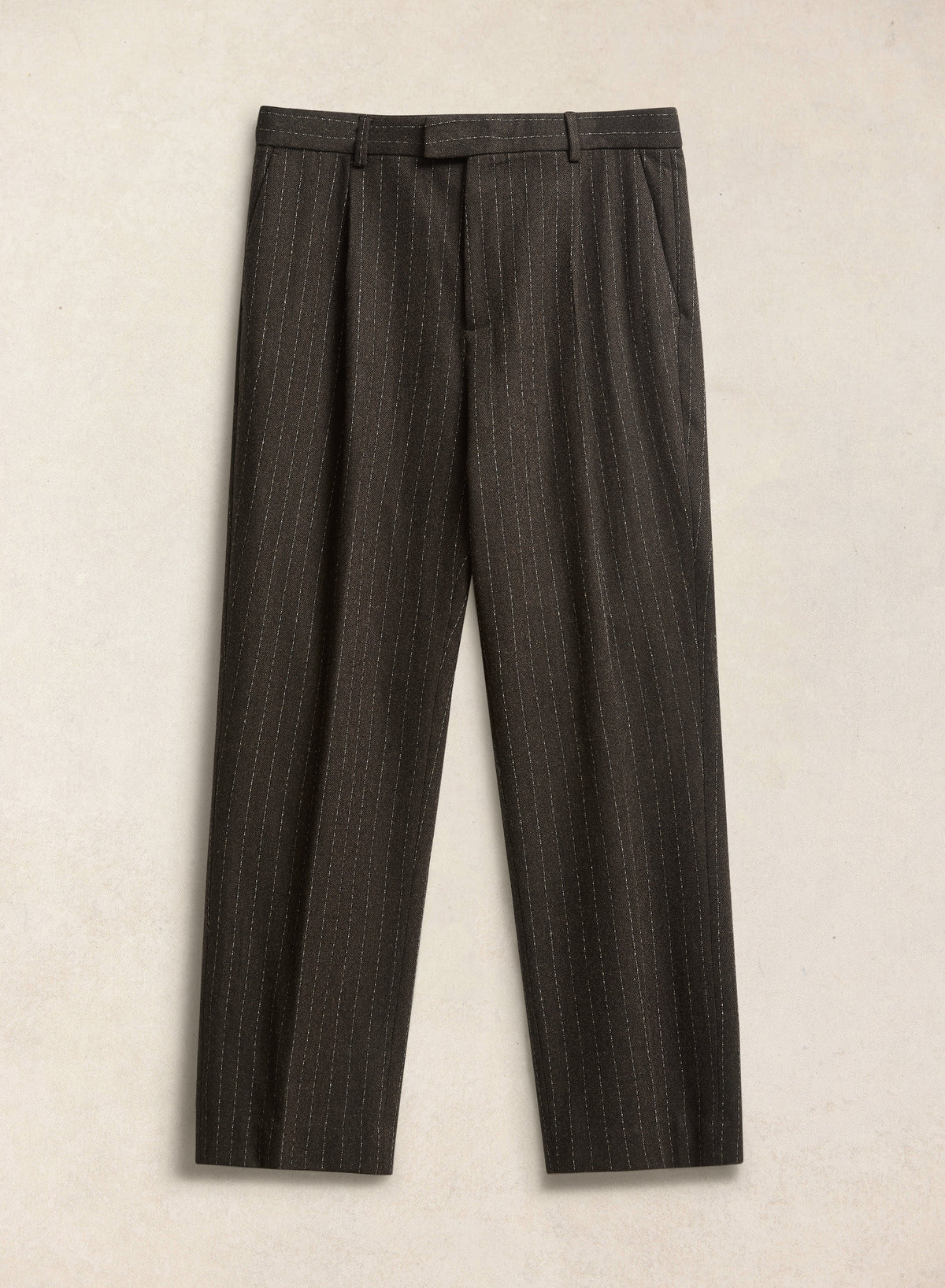 Men's Pinstripe Pleated Tailored Trousers - Wool - Brown - Percival | Percival Latest