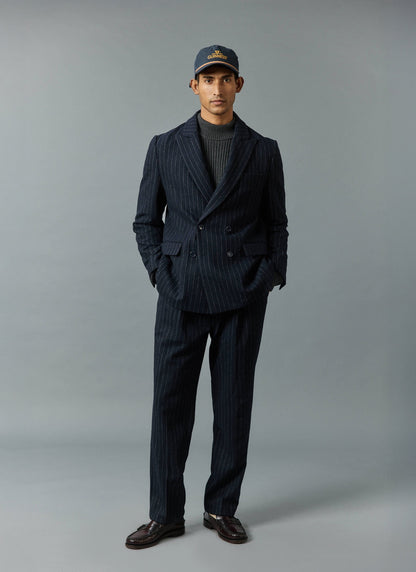 Textured Stripe Double Breasted Blazer - Navy | Percival Everyday