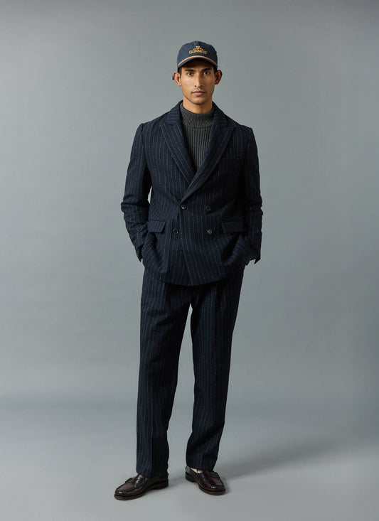 Textured Stripe Double Breasted Blazer - Navy | Percival Everyday