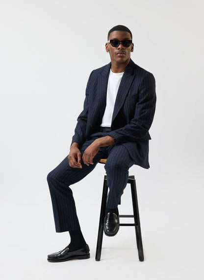 Textured Stripe Double Breasted Blazer - Navy | Percival Everyday