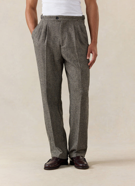 Men's Double Pleated Tailored Trousers - Grey Birdseye Wool - Percival | Percival Signature