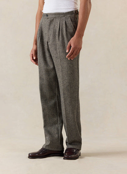 Men's Double Pleated Tailored Trousers - Grey Birdseye Wool - Percival | Percival Signature