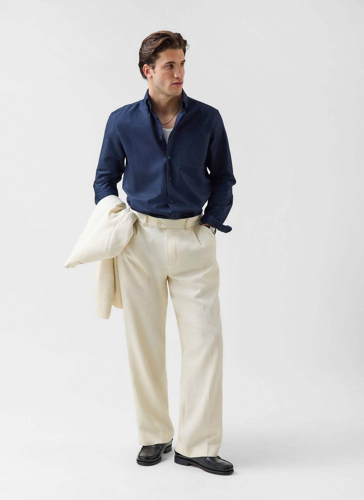 Men's Pleated Trousers - Relaxed Fit - Cream - Lyocell | Percival Customer Favorite