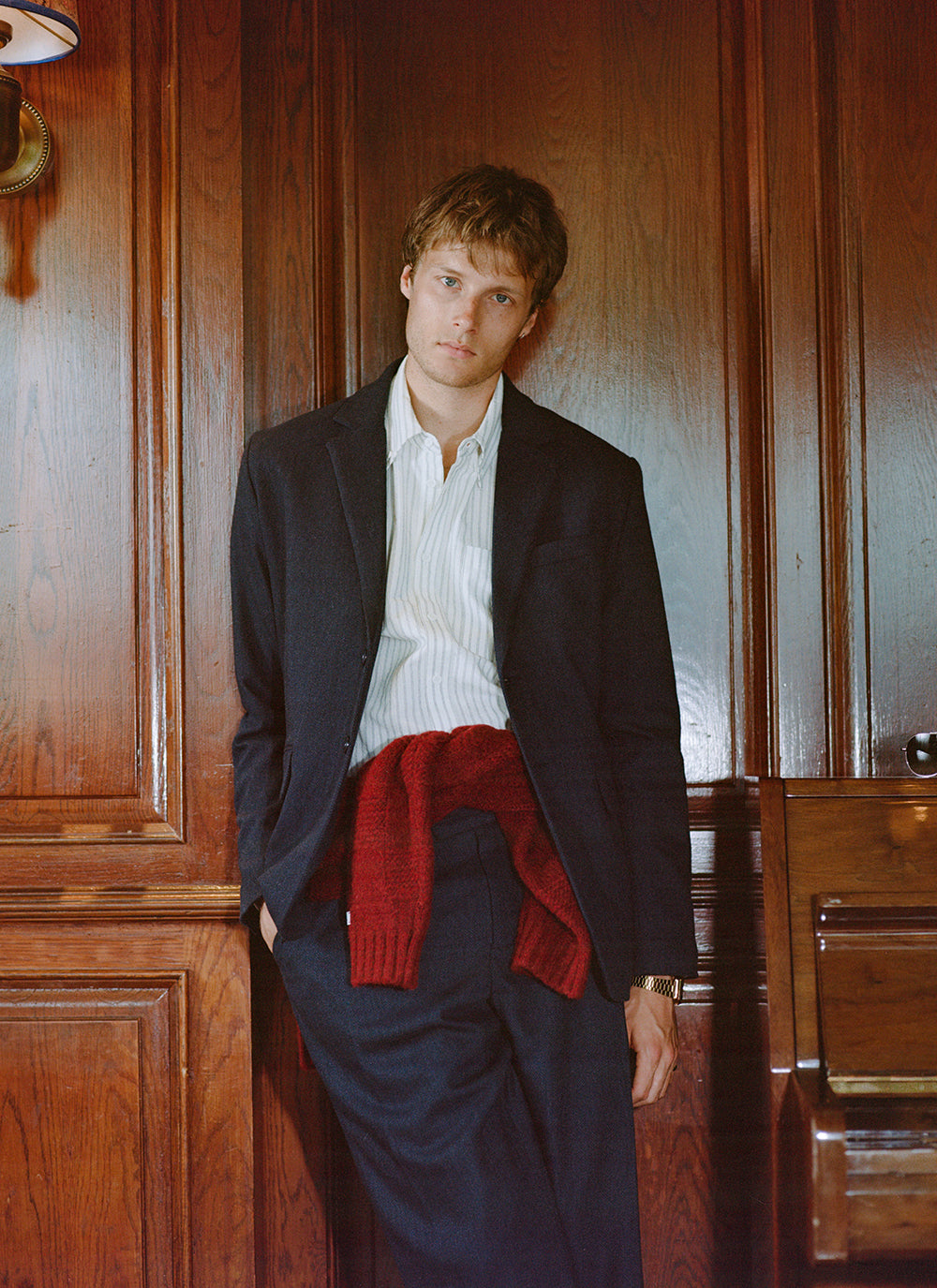Men's Navy Pleated Trousers - Herringbone Wool - Percival | Percival Signature