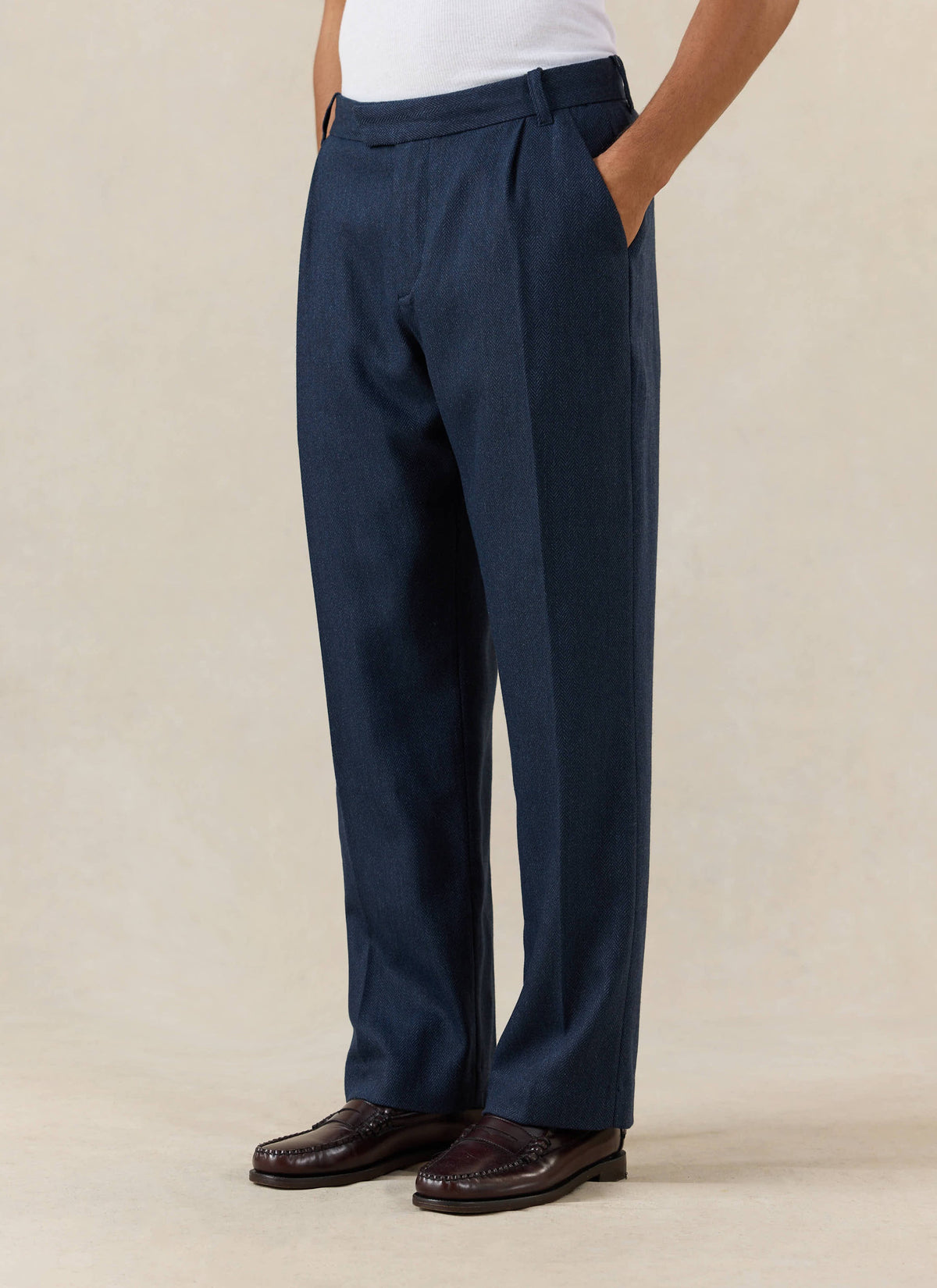 Men's Navy Pleated Trousers - Herringbone Wool - Percival | Percival Signature
